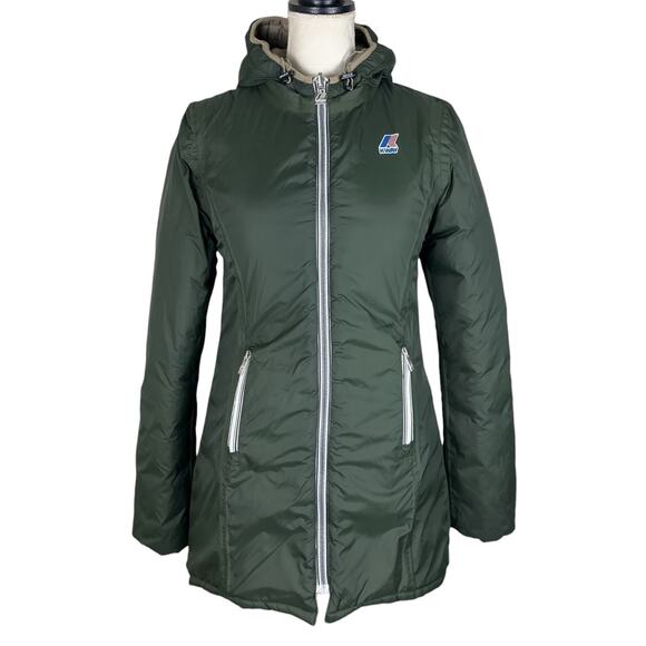 K-Way Denise St Thermo Reversible Down Zip Up Hooded Jacket Olive Green Sz Small - Picture 2 of 15